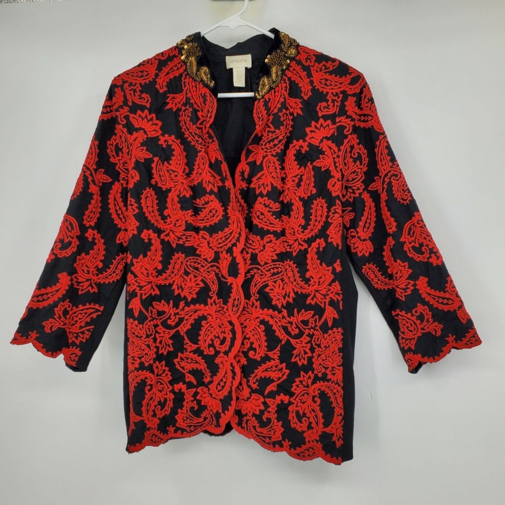 Chico's Red and Black Collectibles Embroidered Paisley Print Jacket M Petite